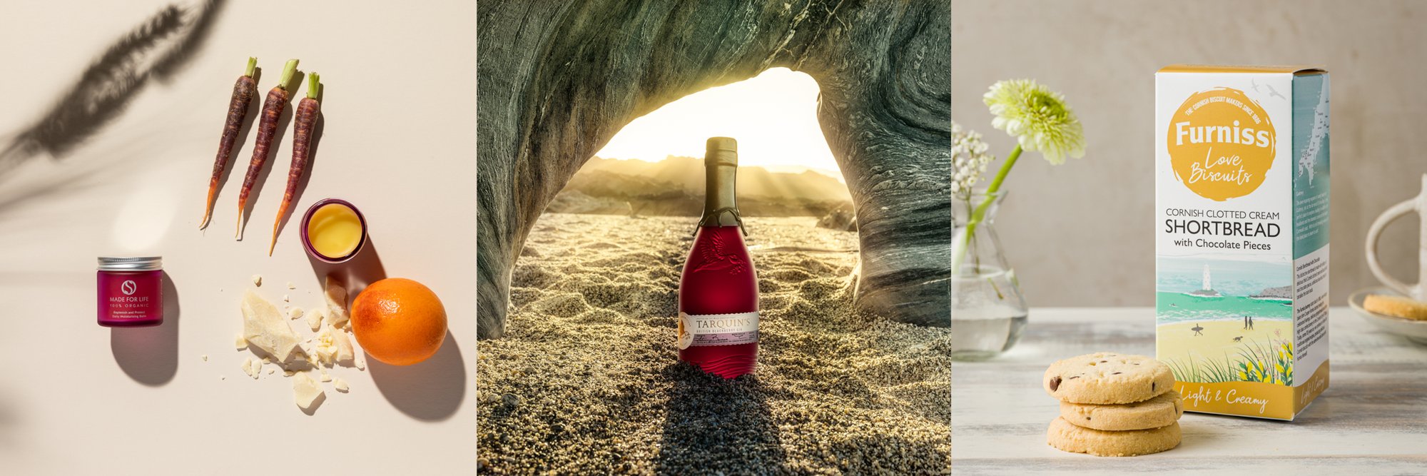 A composite image of a bottle of Tarquins Gin on a beach, a skincare flat lay and jar of jam photographed by a commercial photographer in Cornwall.