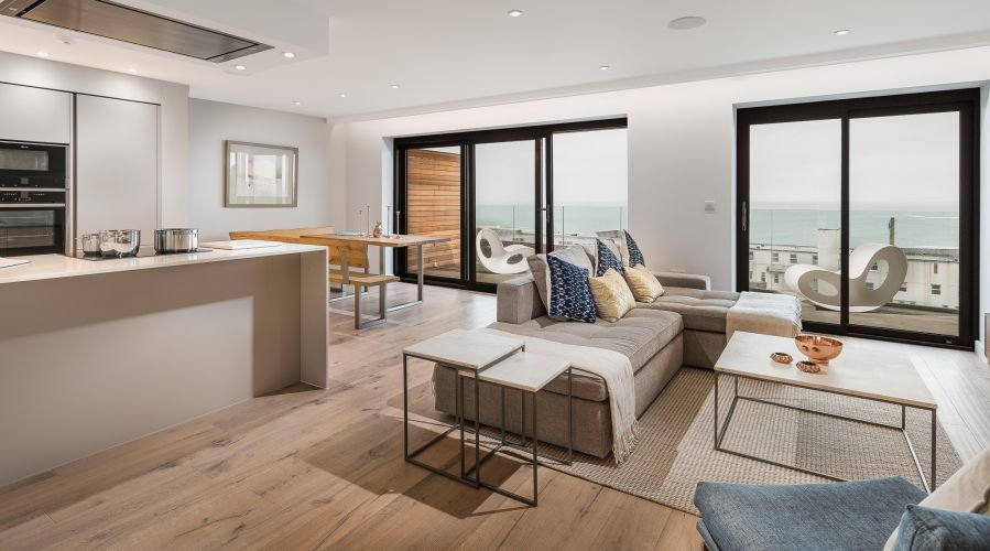 Luxury penthouse interior with sea views and balcony in newquay Cornwall.