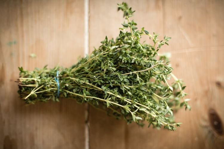A bundle of fresh thyme tied together with a blue string sits on a wooden surface.
